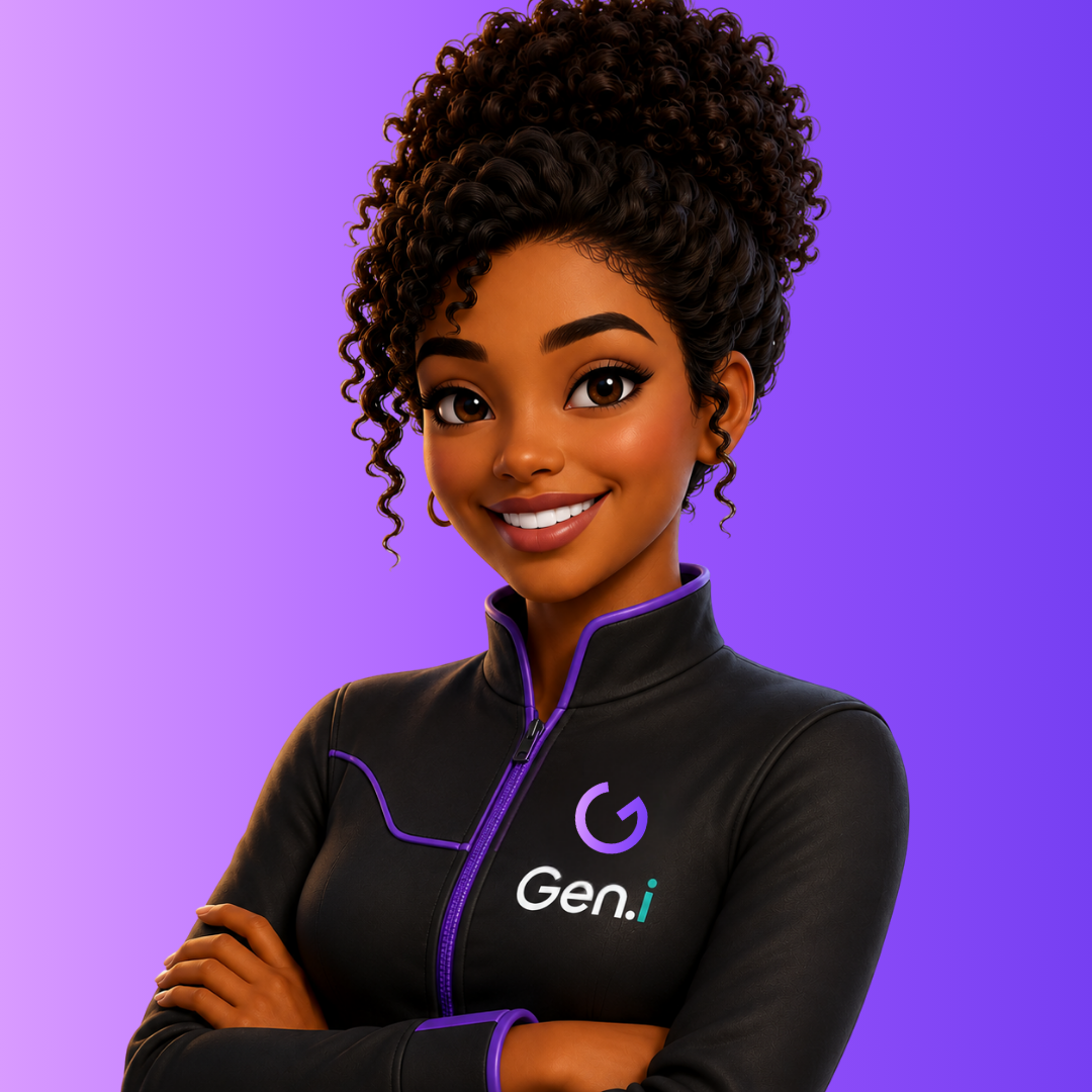 Personagem oficial da Gen.i, com uniforme preto e detalhes roxos.