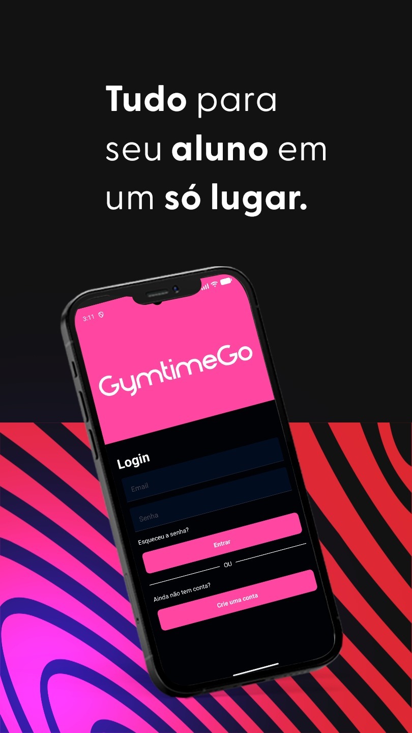 Apresentação do aplicativo Gymtime Go com a tela de acesso no celular.