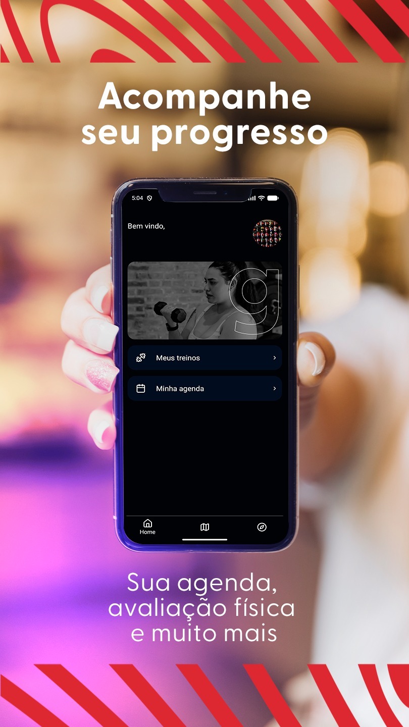 Celular com a tela do Gymtime Go e os atalhos Meus treinos e Minha agenda. A campanha apresenta acompanhamento de progresso e avaliação física.